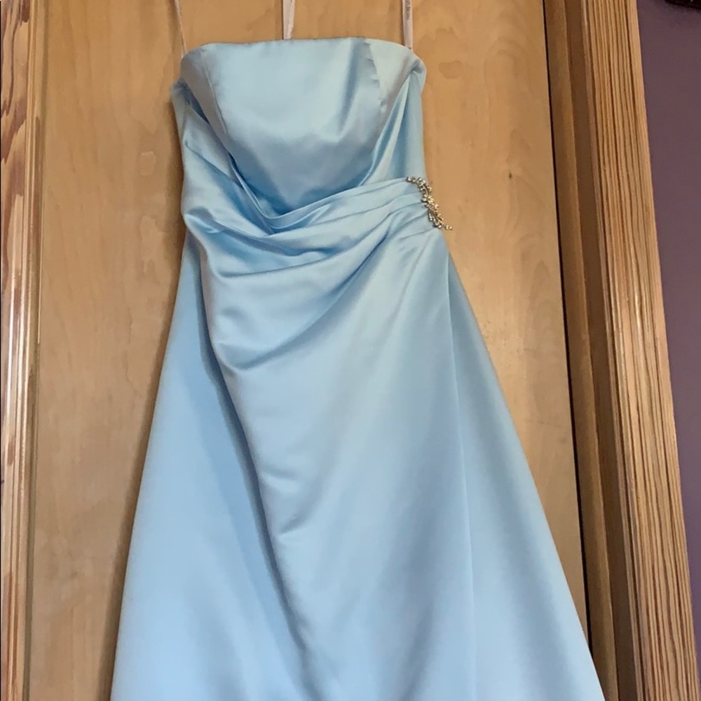 Baby blue strapless satin gown
